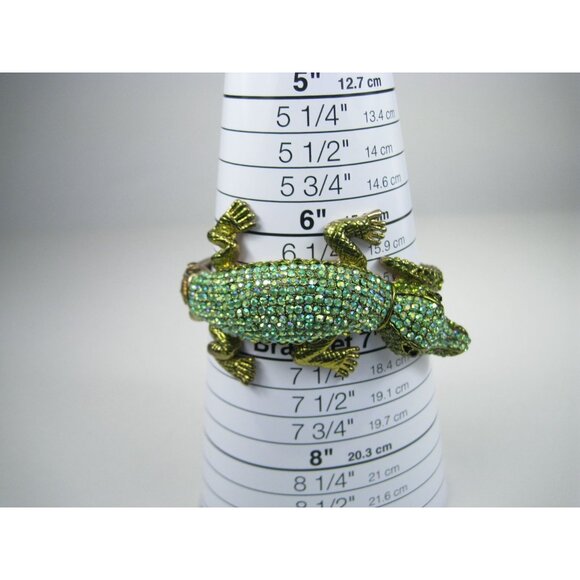 Gold Tone Crocodile Green Crystal Hinged Bangle Bracelet Sparkly Jewelry - Picture 3 of 12